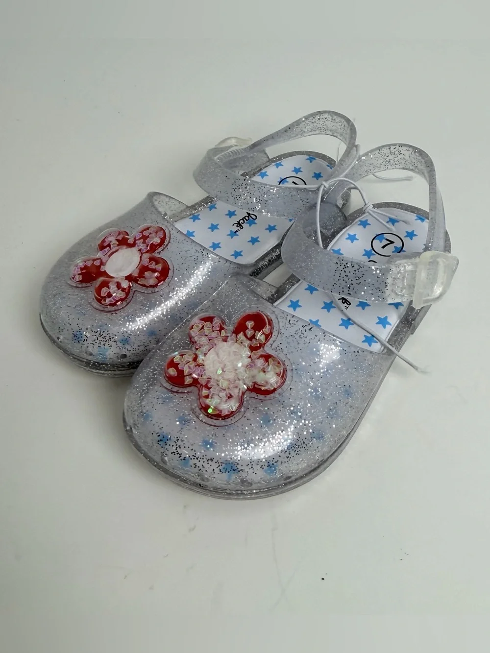 Cat & Jack Clear Silver Glitter Jelly Sandals with Red Flower Accent